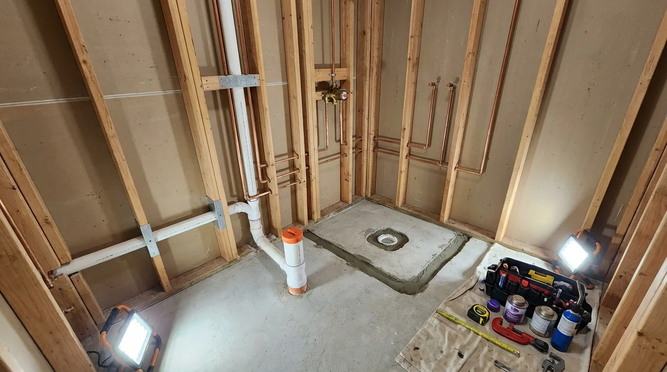 Bathroom rough-in plumbing during remodel by Johns Plumbing LLC in Parsons